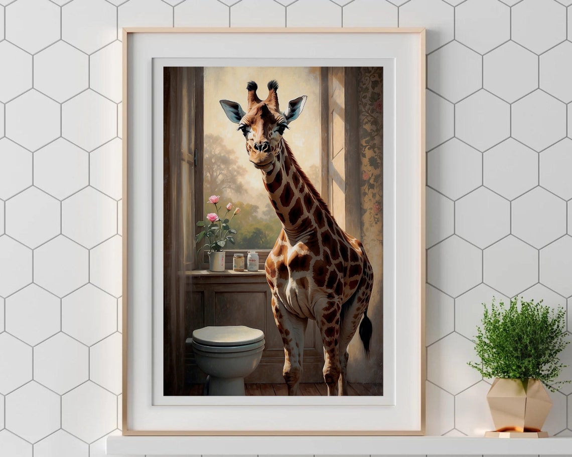 Friendly Giraffe Standing Beside A Vintage Toilet Humor Poster - Image 5