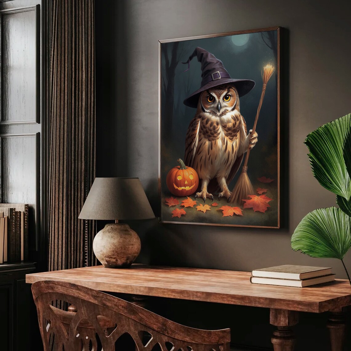 Cute Owl In Witch Hat With Broom And Jack O Lantern Halloween Painting Poster - Image 2