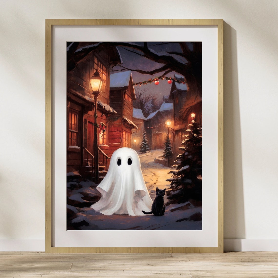 Ghost and Black Cat on Snowy Christmas Street at Night Print - Image 4