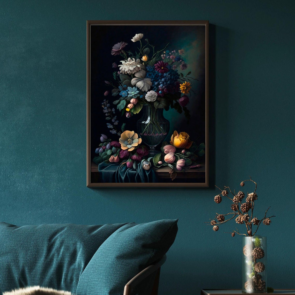 Moody Floral Bouquet in Glass Vase Dutch Style Still Life Poster - Image 3