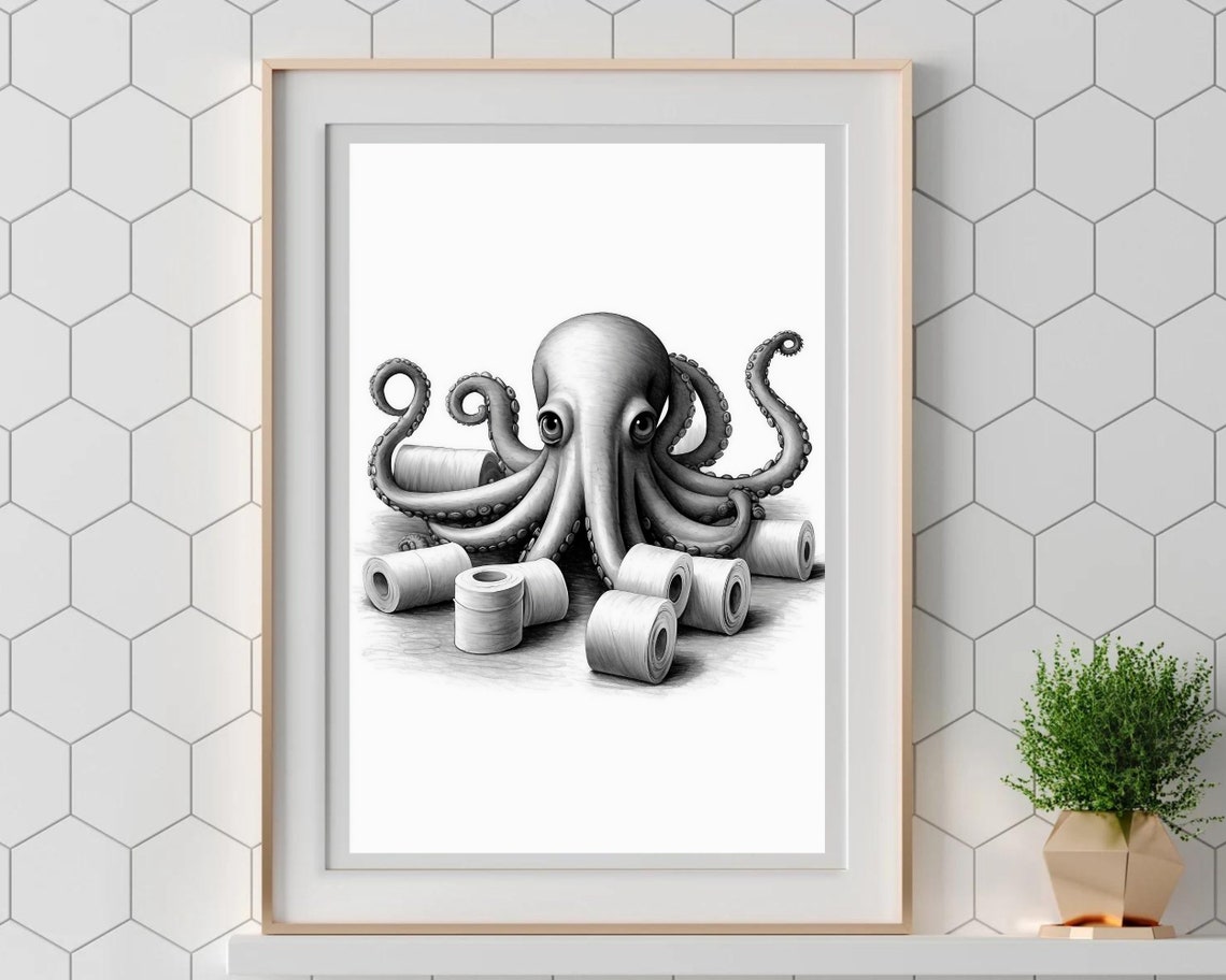 Octopus With Toilet Paper Rolls Black And White Bathroom Poster - Image 5