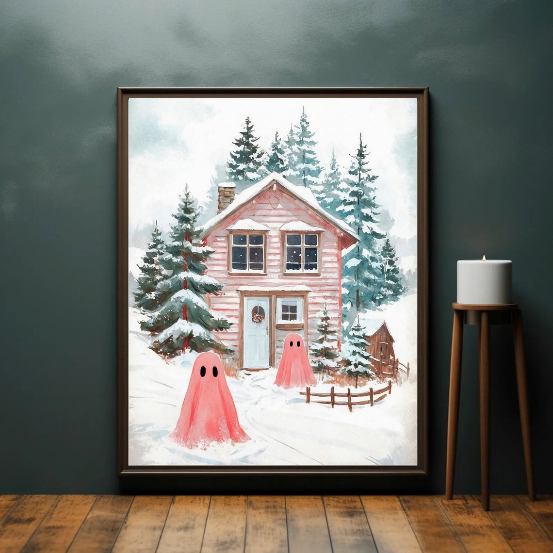 Two Pink Ghosts Before Pink Wooden Cottage in Snowy Pines Print - Image 3