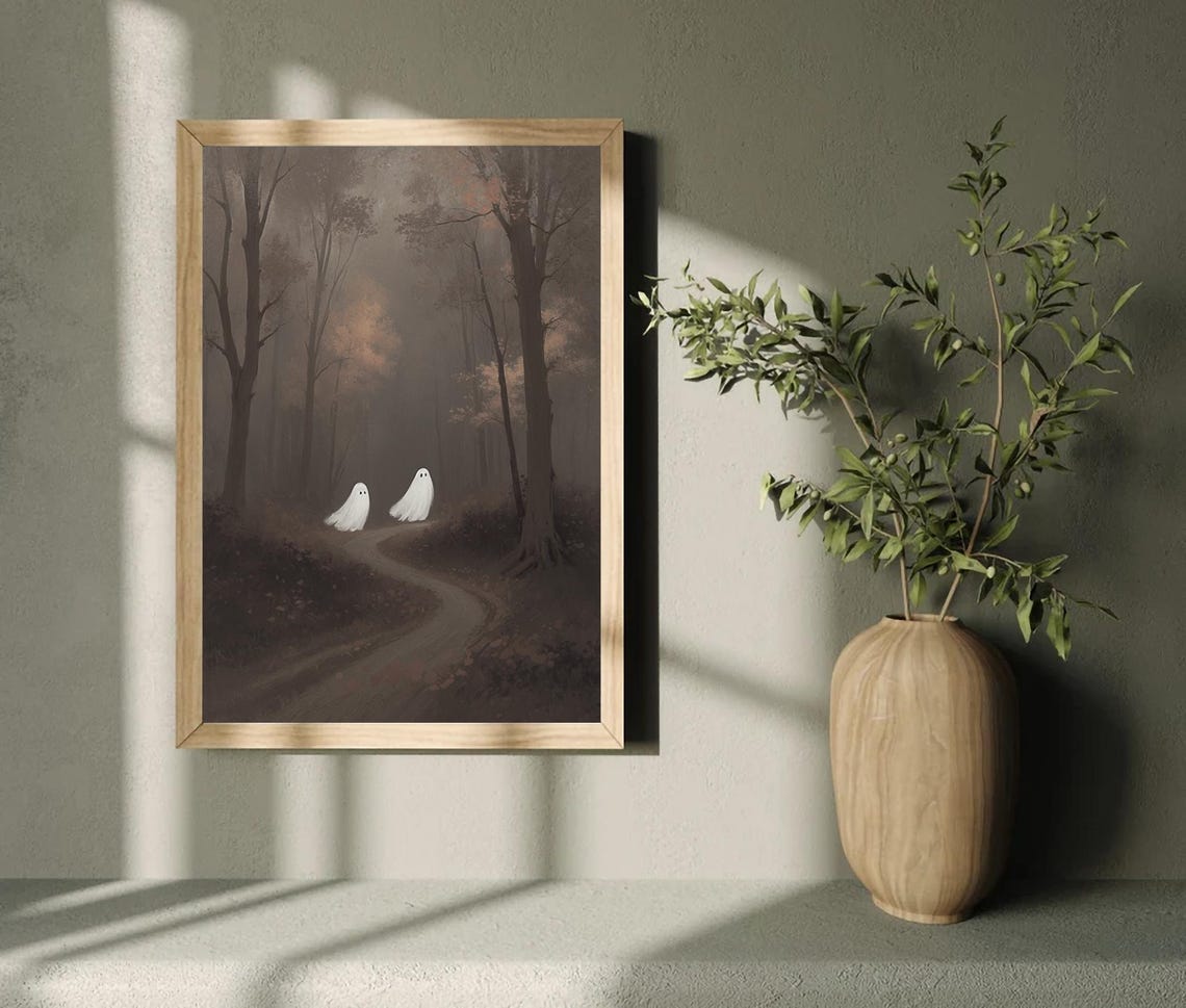 Two Ghosts On A Misty Forest Path Dark Moody Halloween Poster - Image 3