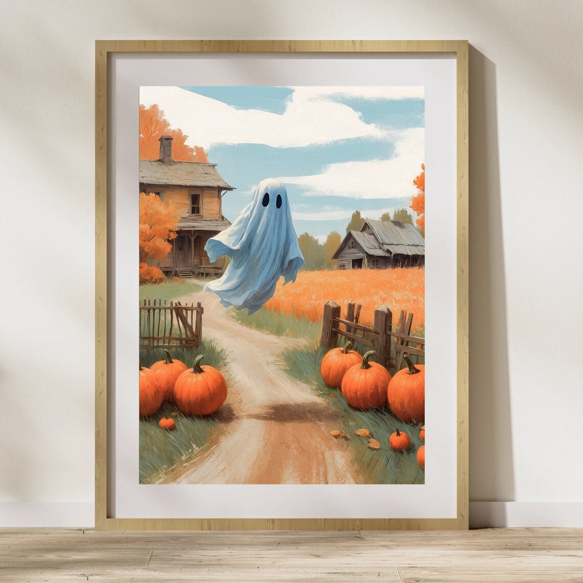 Cute Ghost Flying Over Farmhouse Path With Pumpkins Fall Halloween Painting Poster - Image 4