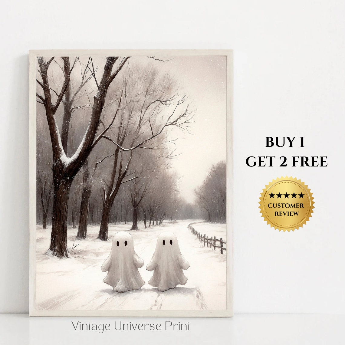 Two Ghosts Walking Snowy Forest Path Between Bare Trees Print