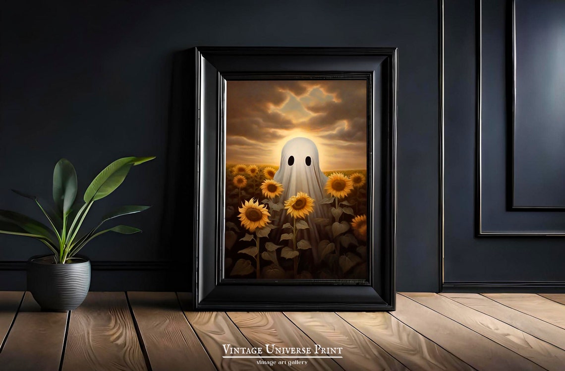 Ghost Standing In A Sunflower Field At Golden Sunset Halloween Poster - Image 2