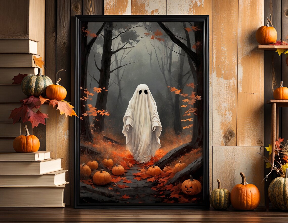 Ghost Walking Through A Misty Autumn Forest Scattered With Pumpkins Art Print - Image 3