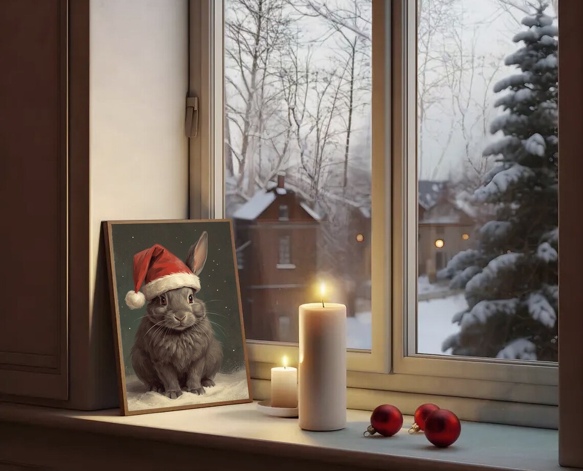 Gray Bunny In Santa Hat In The Snow Cute Cozy Christmas Poster - Image 2