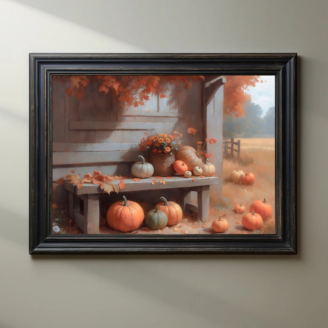 Fall Porch Bench With Pumpkins Autumn Flowers Rustic Decor Poster - Image 3