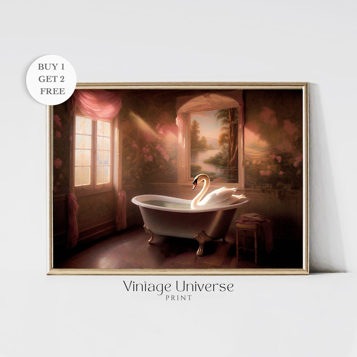 Elegant White Swan Bathing in a Vintage Clawfoot Tub Romantic Poster
