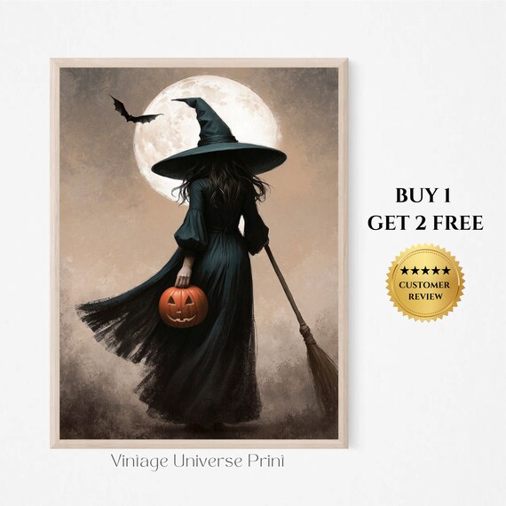 Witch With Broom And Jack O Lantern Before Full Moon Halloween Painting Poster