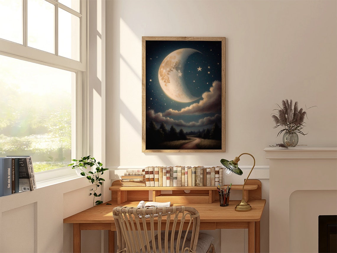 Crescent Moon and Stars Over a Dark Forest Path Night Sky Art Print - Image 5