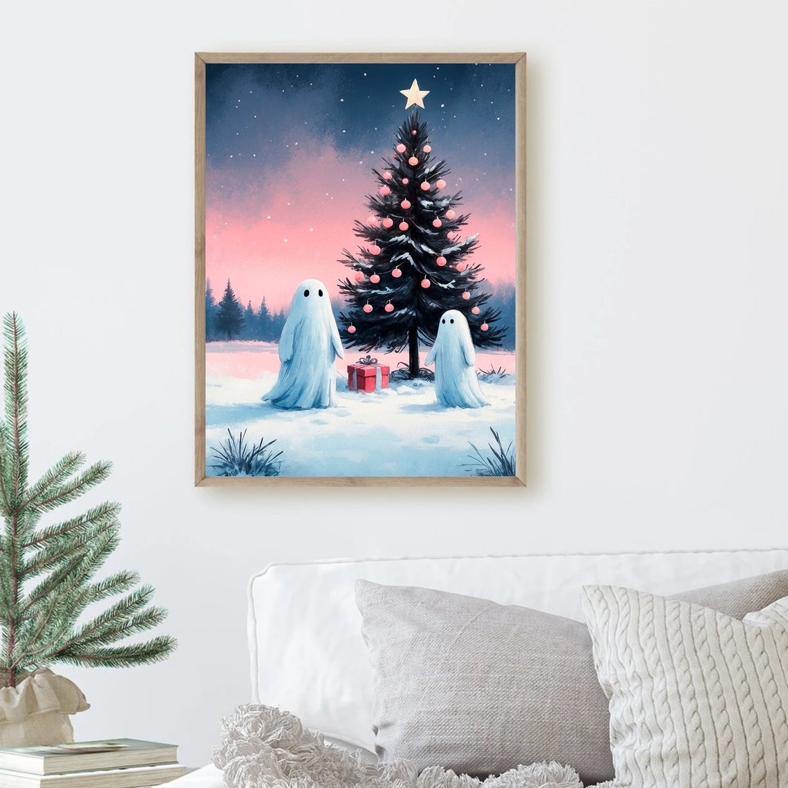 Two Ghosts Beside Christmas Tree with Pink Ornaments Night Print - Image 3