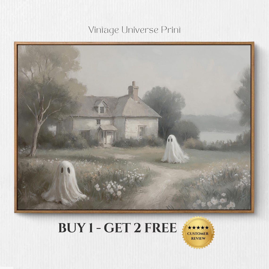 Two Ghosts Near A Farmhouse Wildflower Path Halloween Poster