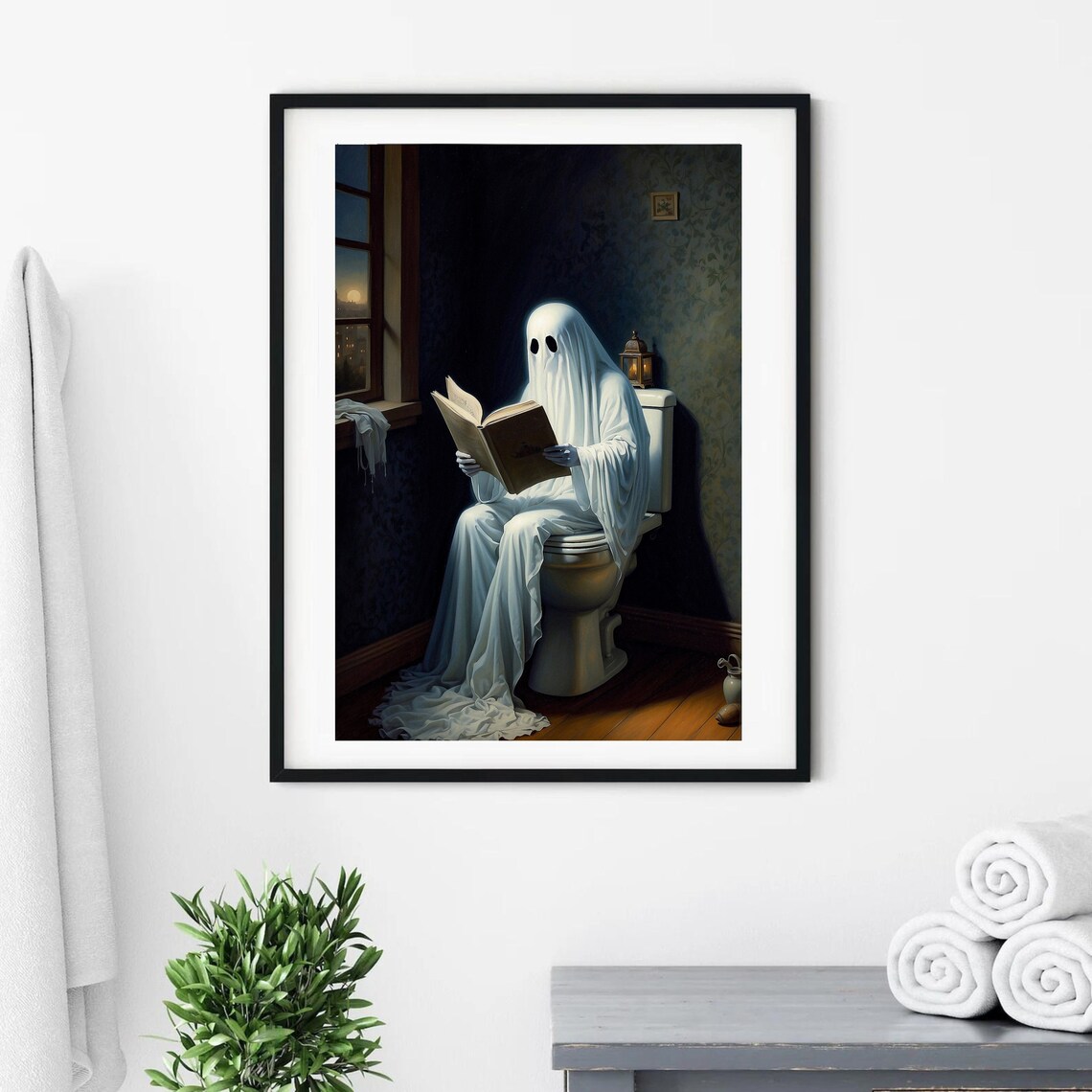 Ghost on the Toilet Reading a Book in a Candlelit Vintage Bathroom Poster - Image 2
