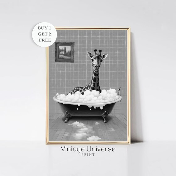 Giraffe Soaking In A Bubble Bath Black And White Funny Poster