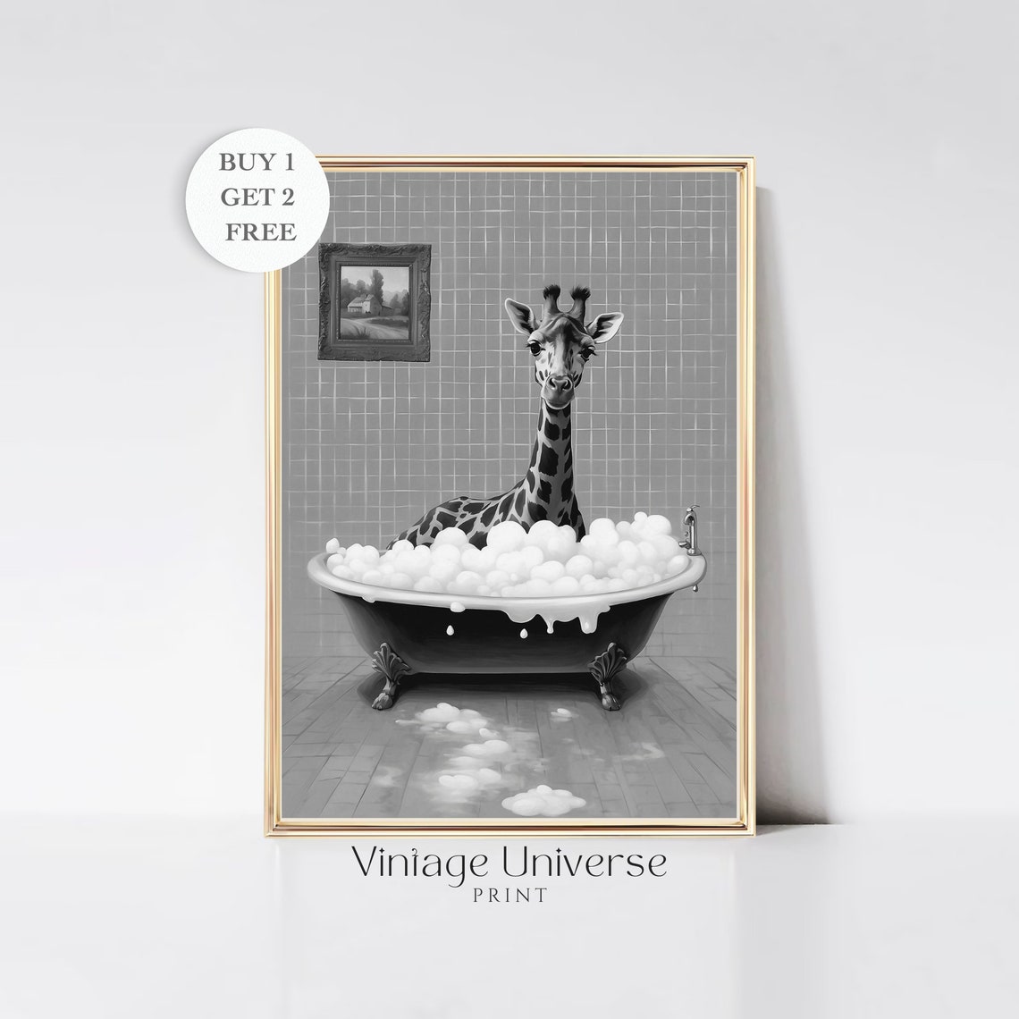 Giraffe Soaking In A Bubble Bath Black And White Funny Poster