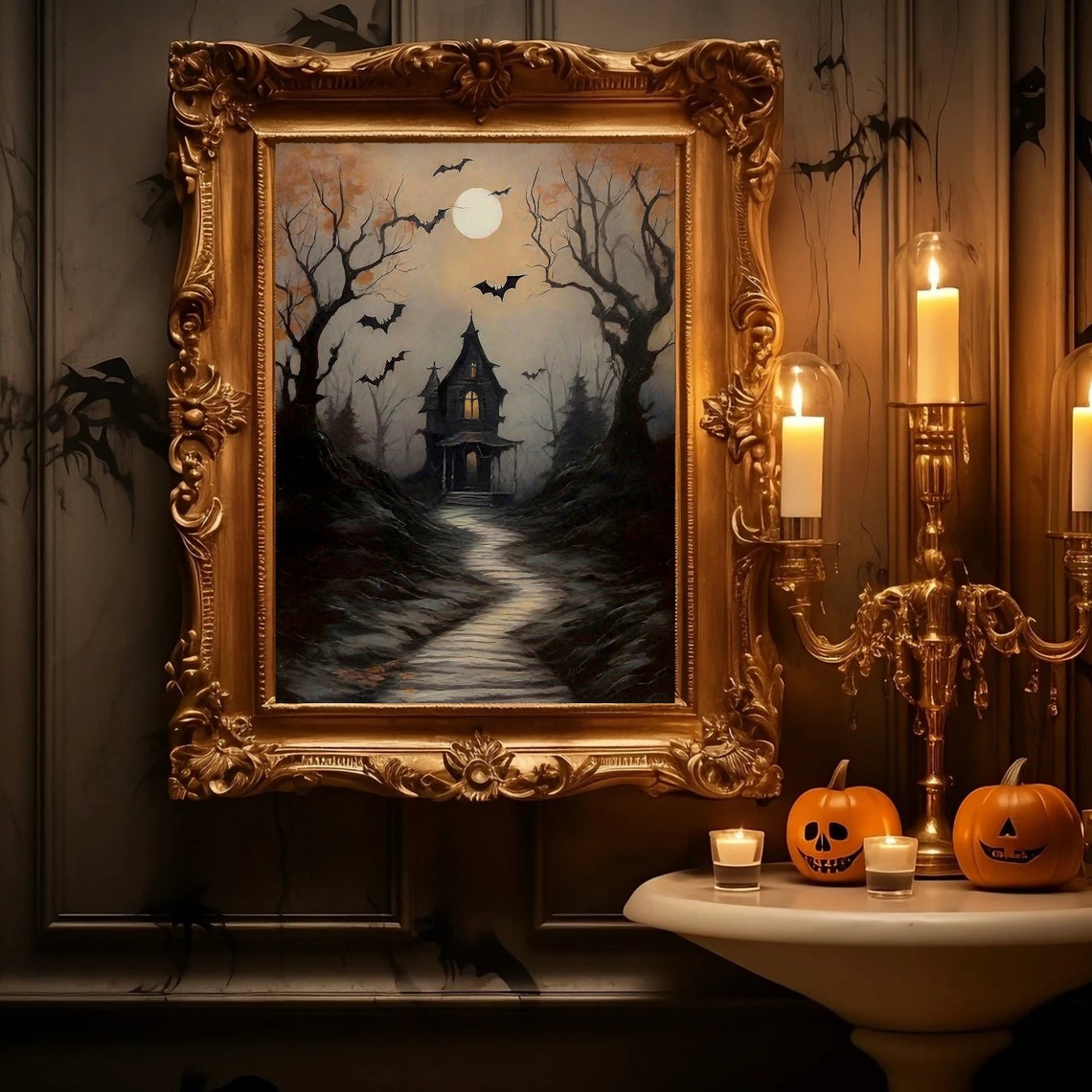 Spooky Haunted House Under Full Moon Bats Halloween Night Poster - Image 4