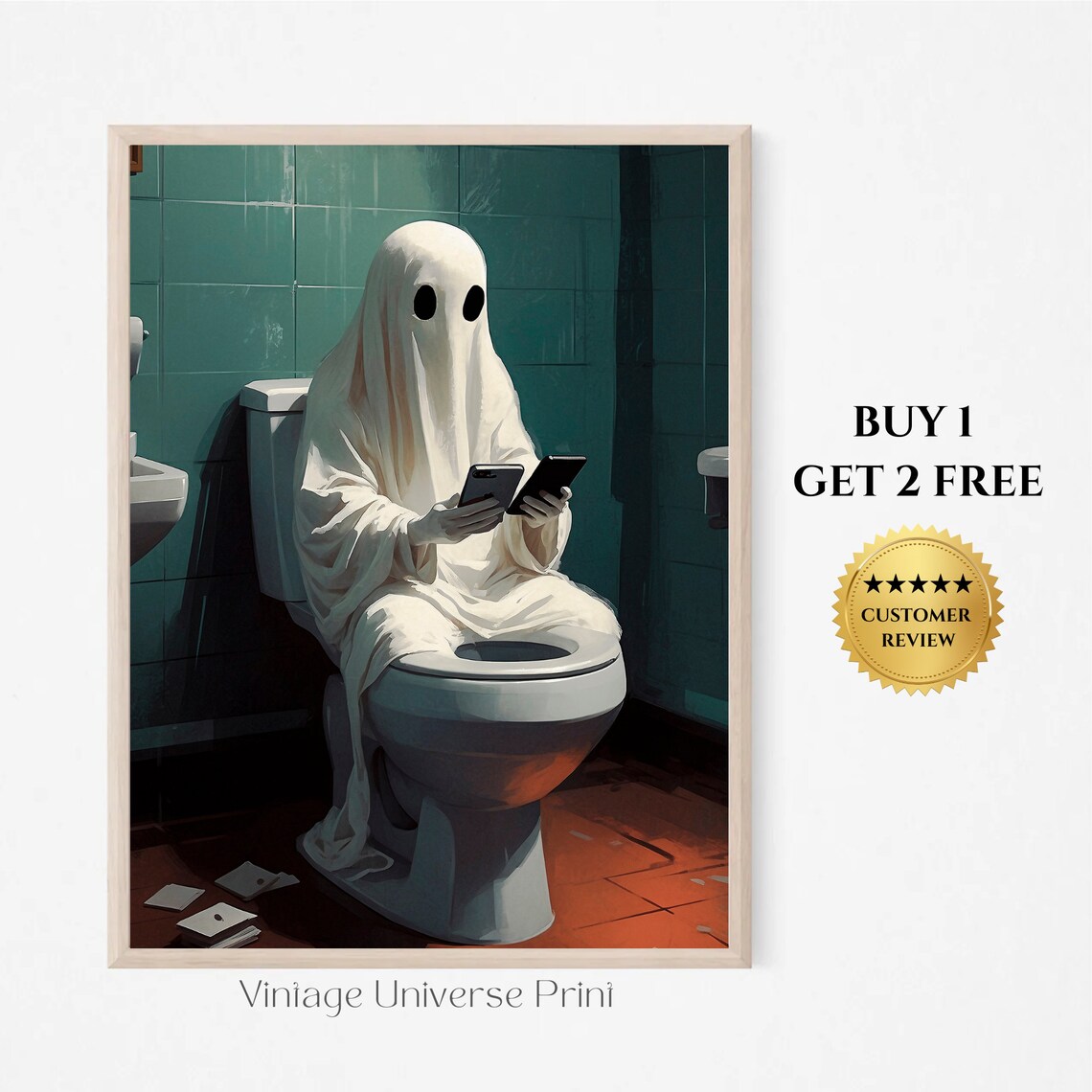 Ghost Sitting On A Toilet Scrolling A Phone In A Teal Bathroom Funny Art Print