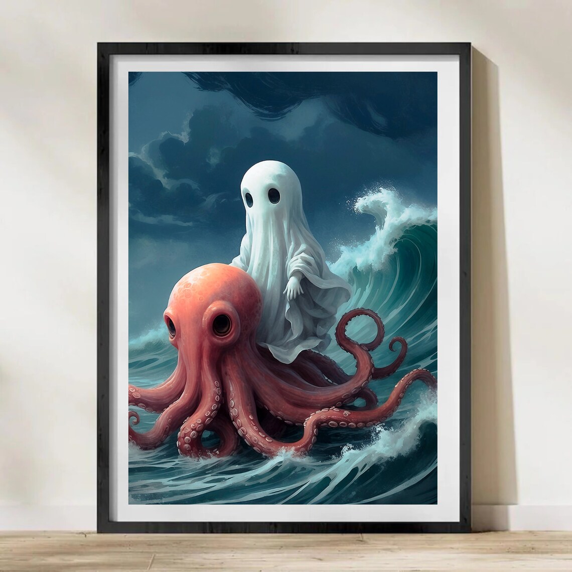 Ghost Riding A Giant Red Octopus On Stormy Ocean Waves Whimsical Art Print - Image 4