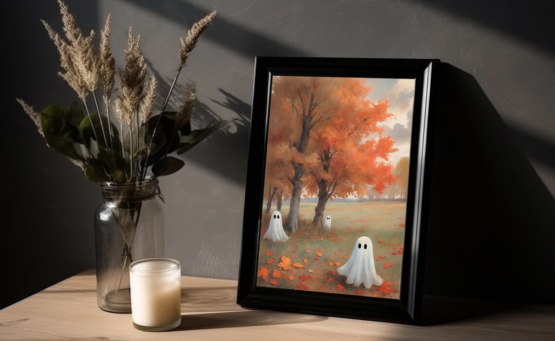 Three Little Ghosts Playing In A Golden Autumn Meadow Vintage Painting Wall Art - Image 3