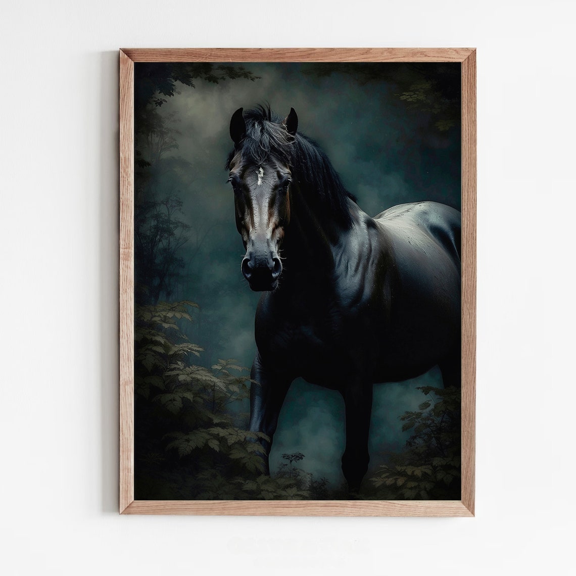 Black Horse in a Misty Dark Forest Moody Equine Wildlife Art Print - Image 5