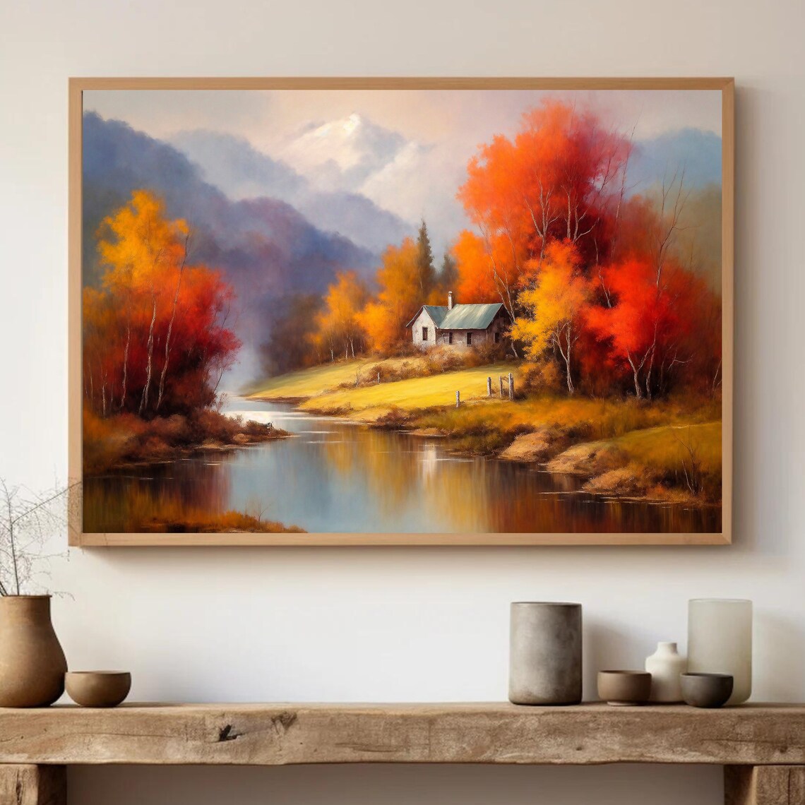 Autumn Cabin by the River Red Fall Trees Vintage Oil Painting Poster - Image 5