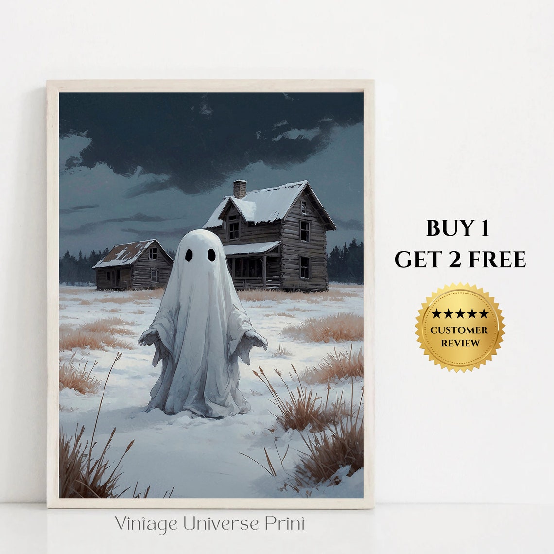 Ghost in Snowy Field Before Old Farmhouse Moody Winter Print