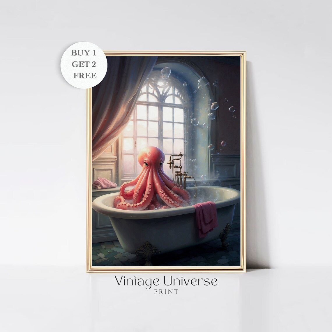 Pink Octopus Soaking In A Clawfoot Bathtub Colorful Bathroom Poster