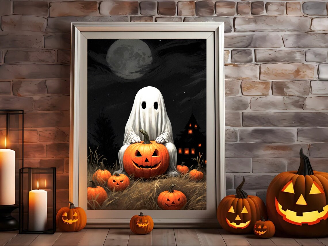 Ghost Hugging A Jack O Lantern By A Haunted House Under A Full Moon Art Print - Image 4