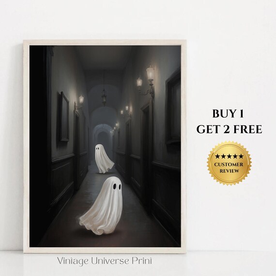Ghosts In The Moody House Painting Spooky Ghost Painting Dark Academia Wall Art Halloween Haunted Ghost Vintage Print