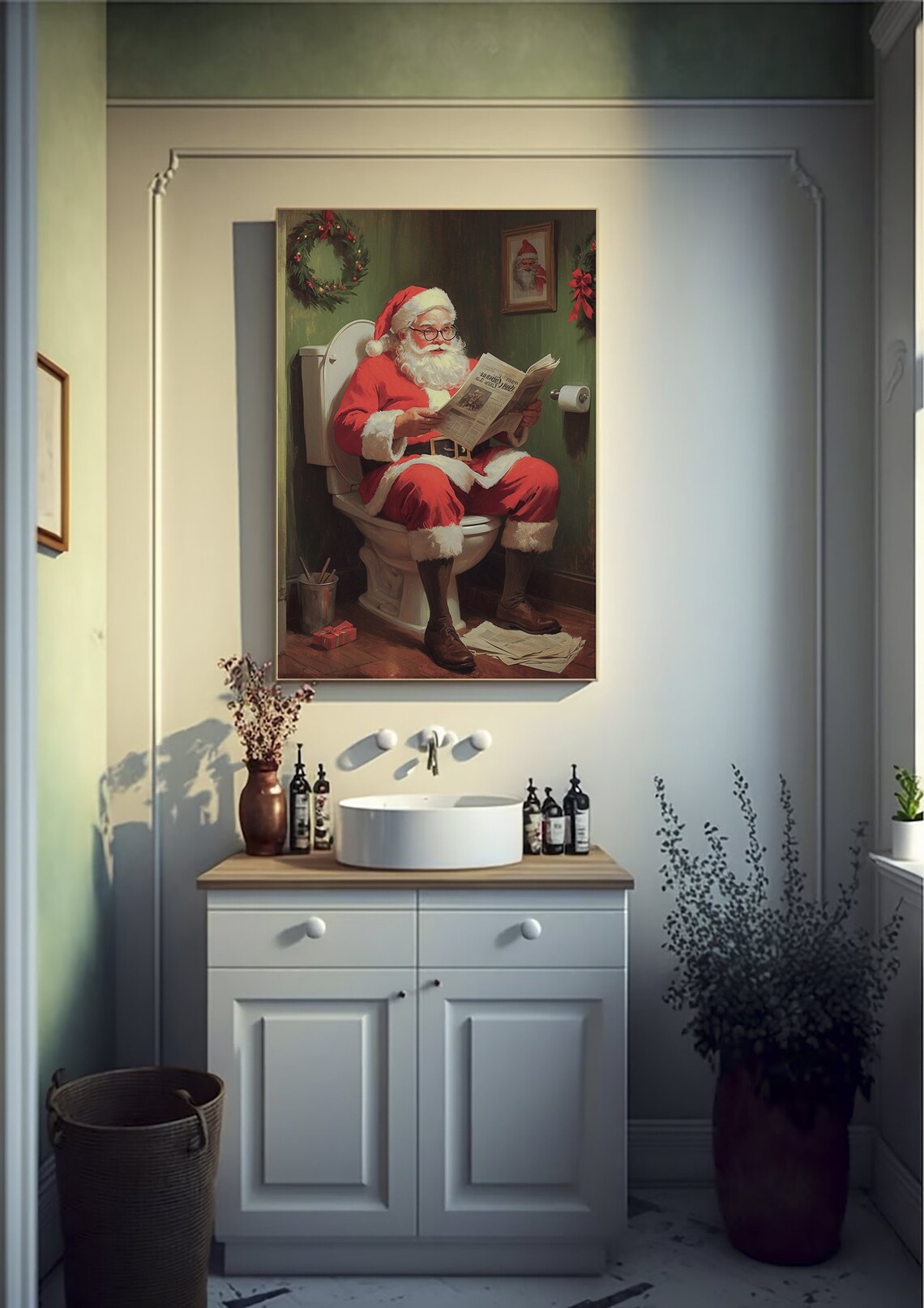 Santa Claus On Toilet Reading Newspaper Christmas Bathroom Art Poster - Image 4