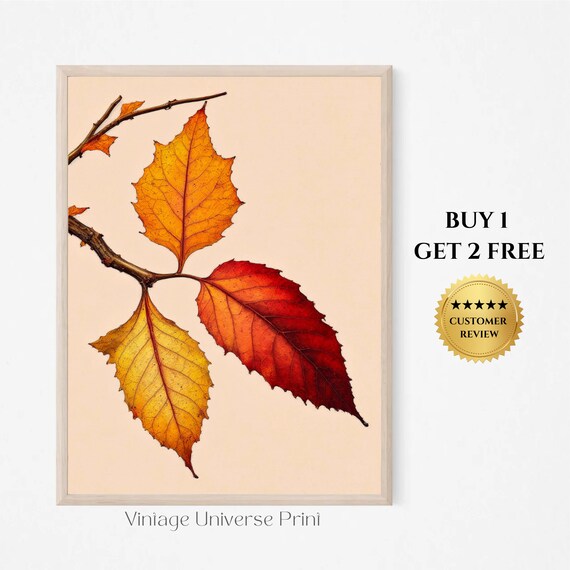 Copper Orange Fall Leaves Branch Vintage Watercolor Botanical Print