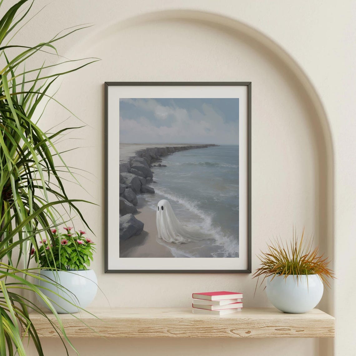 Lonely Ghost On A Rocky Beach Neutral Coastal Halloween Poster - Image 4