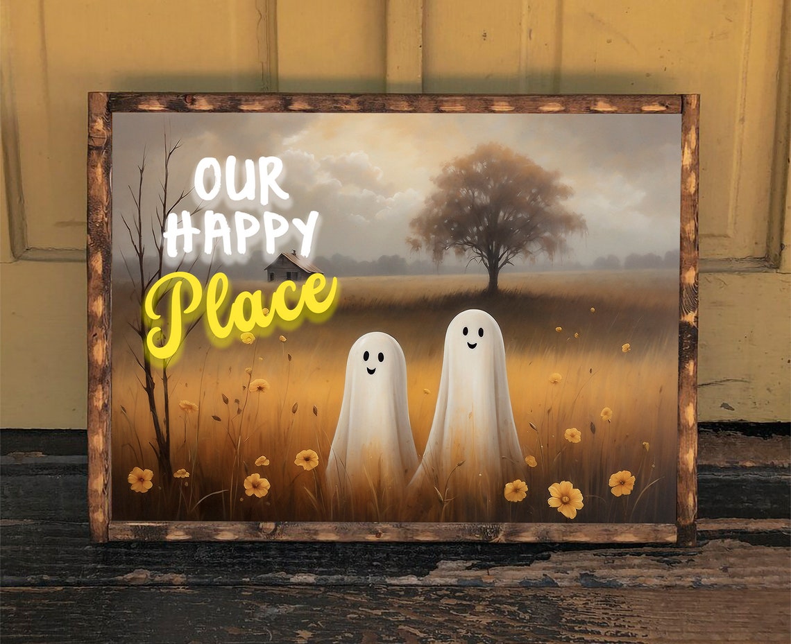 Two Ghosts Our Happy Place Golden Meadow Smiling Halloween Poster - Image 3