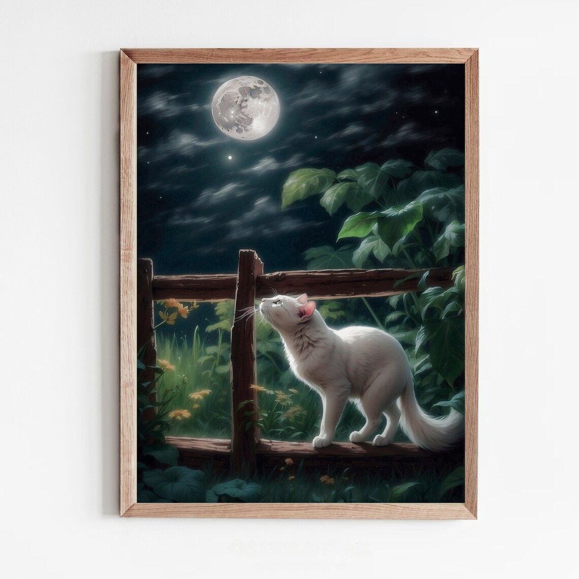 White Cat on a Garden Fence Gazing at the Full Moon at Night Poster - Image 5