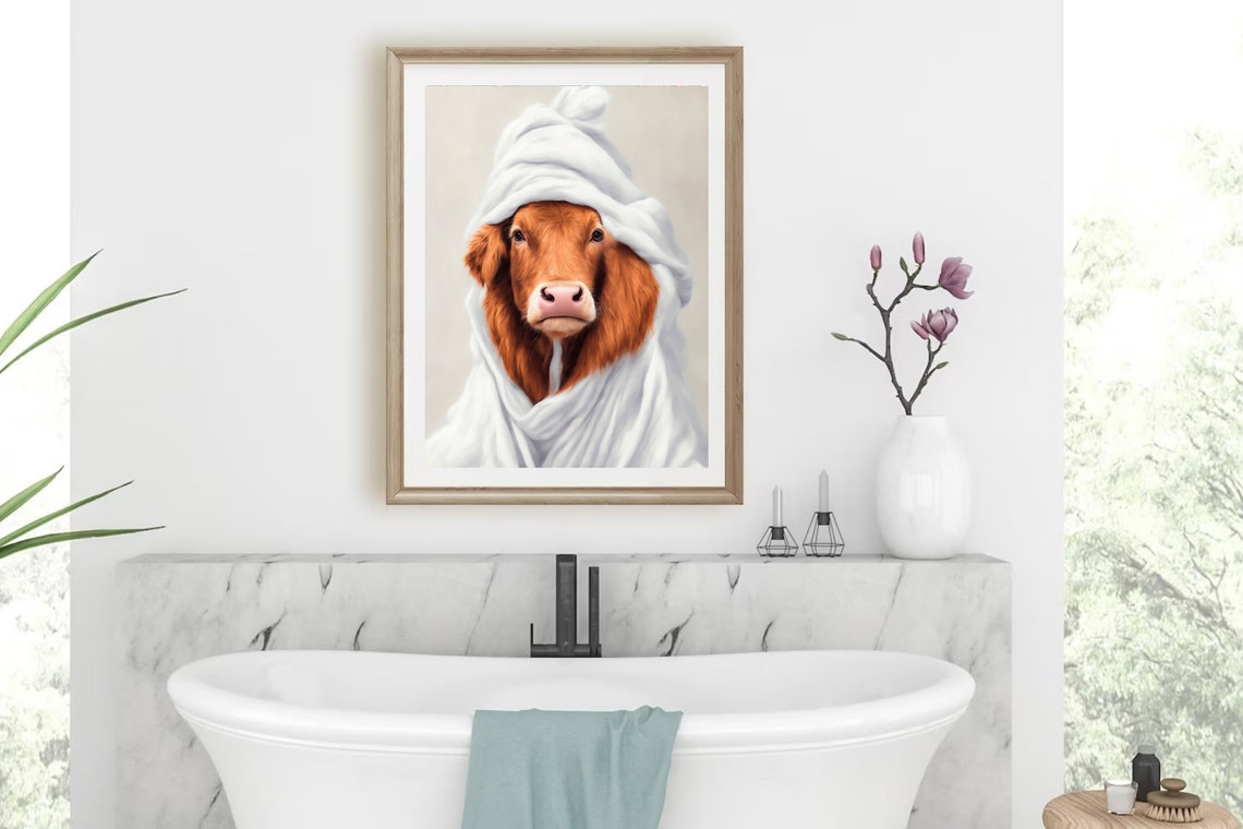 Highland Cow Wrapped in a Fluffy White Towel After a Bath Funny Print - Image 2