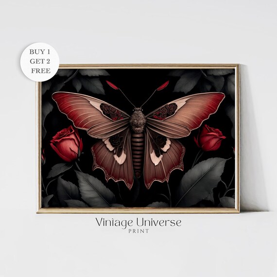 Dark Gothic Moth with Red Roses Moody Dark Insect Art Poster