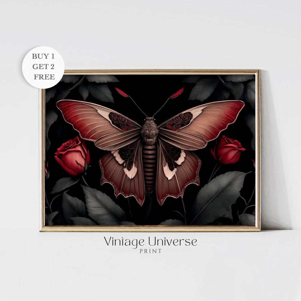 Dark Gothic Moth with Red Roses Moody Dark Insect Art Poster