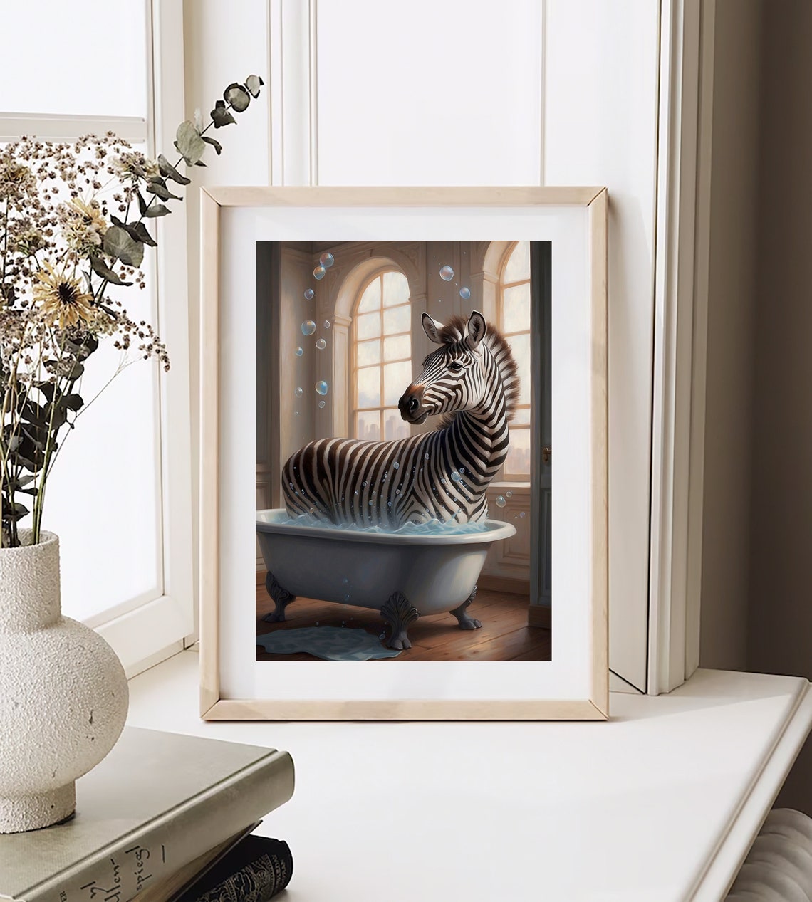 Zebra Soaking In A Bubble Bath Beneath Arched Windows Poster - Image 3