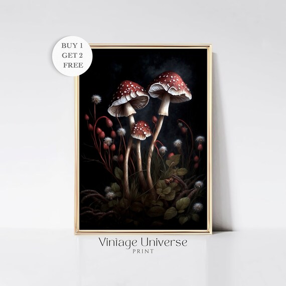 Mushrooms Botanical Art Prints Mushroom Print Woodland Moody Painting Dark Cottagecore Print Vintage Botanical Decor