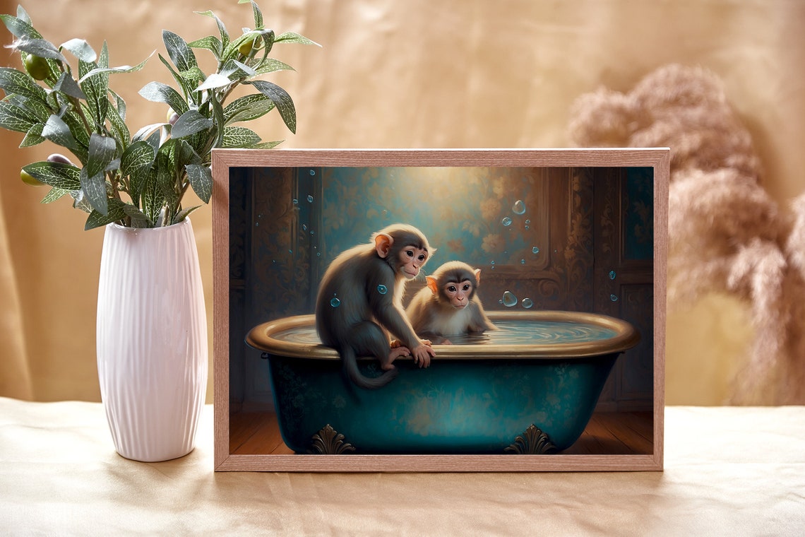 Playful Baby Monkeys Sharing A Bubble Bath In Teal Tub Poster - Image 3