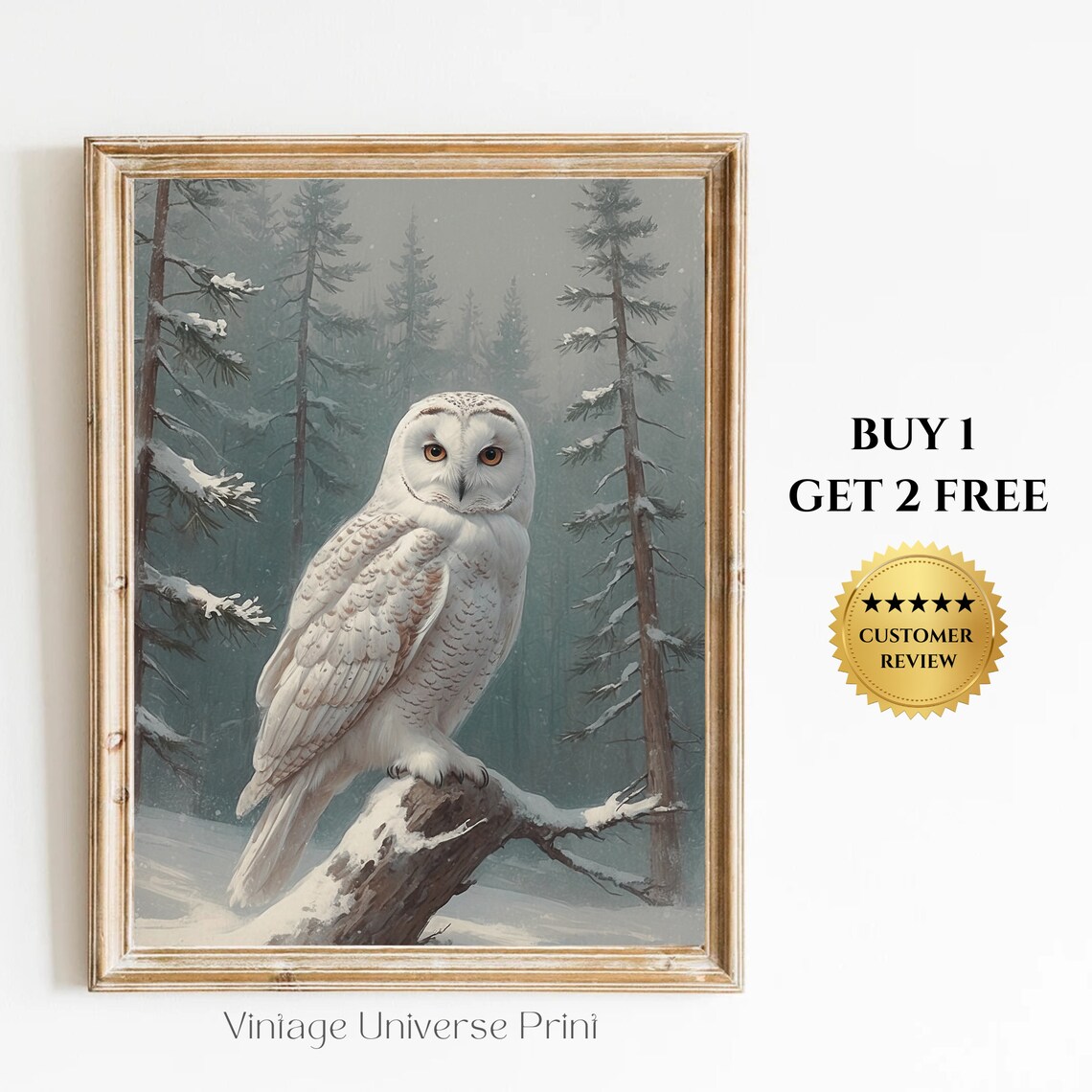 Snowy Owl In Winter Forest Landscape Oil Painting Rustic Farmhouse Christmas Wall Art Country Christmas Decor Vintage Owl