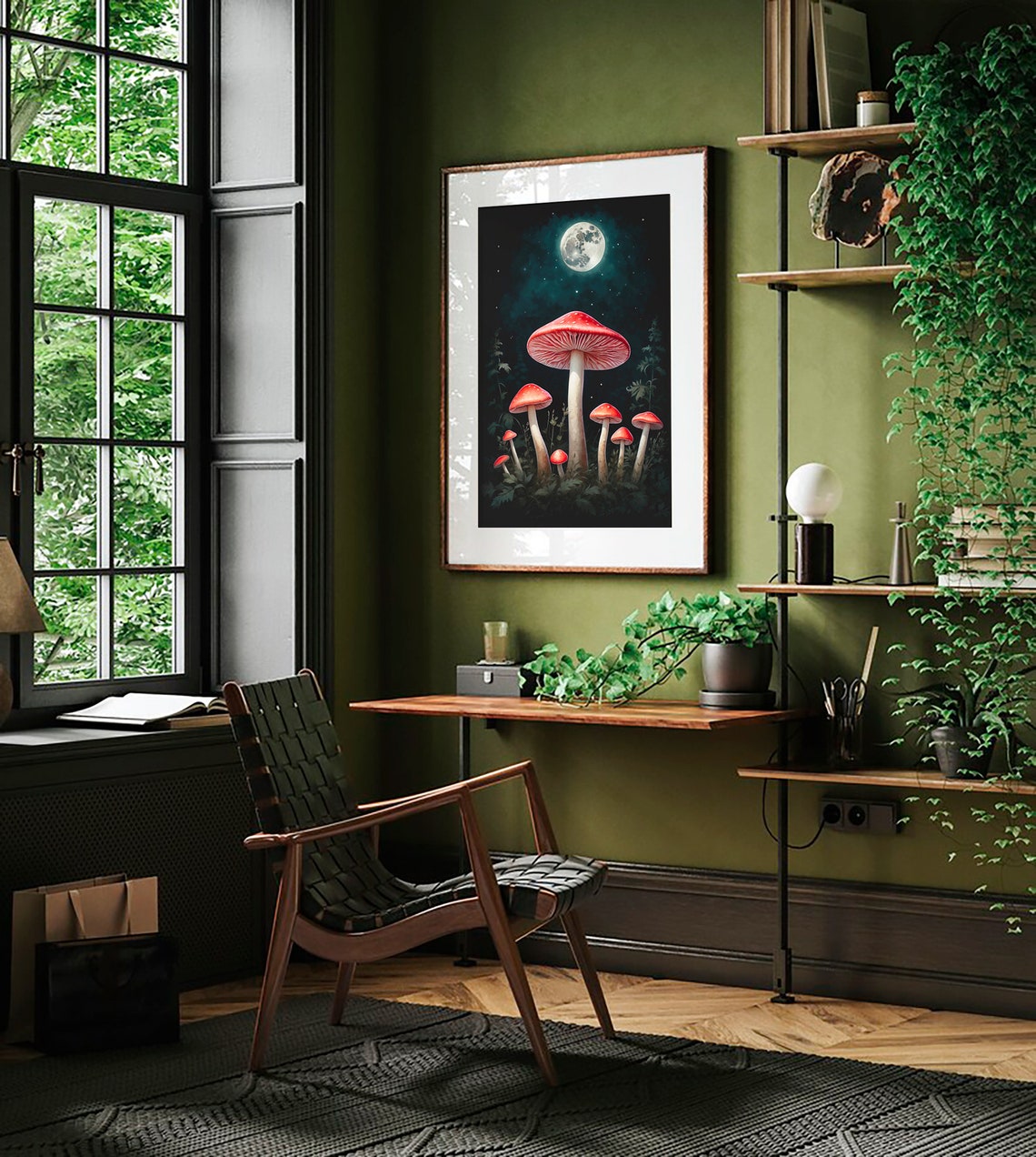 Red Capped Mushrooms Under a Full Moon in Dark Starry Night Art Print - Image 2