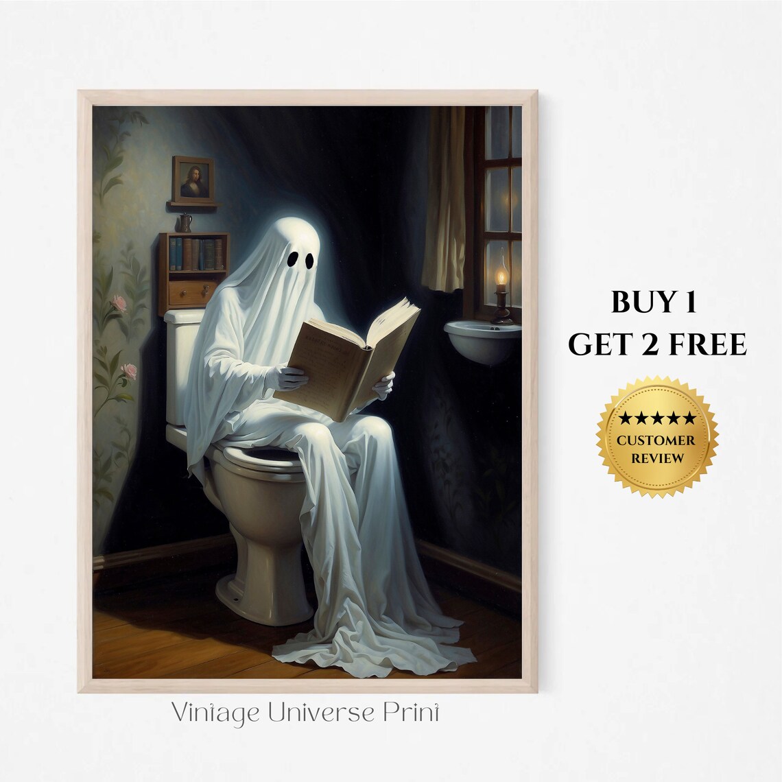 Ghost Reading on the Toilet by Lantern Light in a Vintage Bathroom Poster