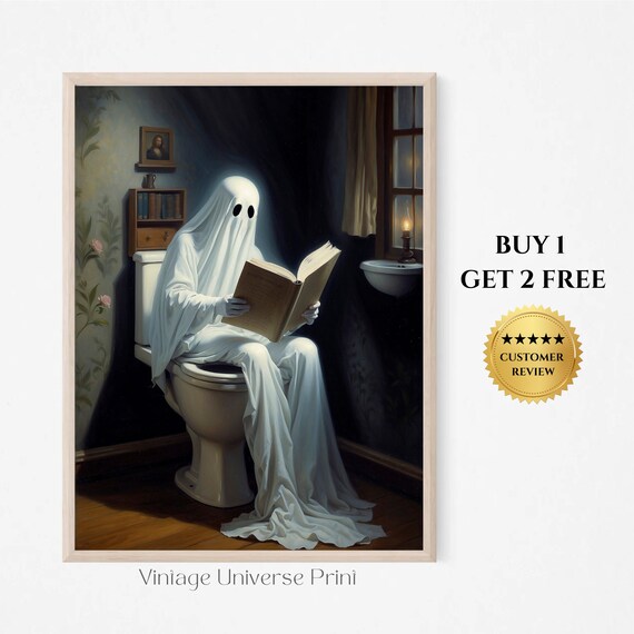 Ghost Reading on the Toilet by Lantern Light in a Vintage Bathroom Poster