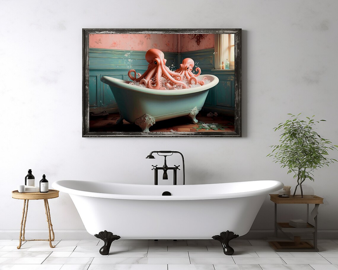 Octopus In Bathtub Print Octopus Wall Art Bathroom Wall Art Print Octopus Poster Bathroom Decor Bath Art Print Instant - Image 4