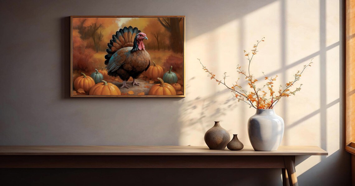 Turkey Among Pumpkins Autumn Forest Thanksgiving Vintage Art Poster - Image 2