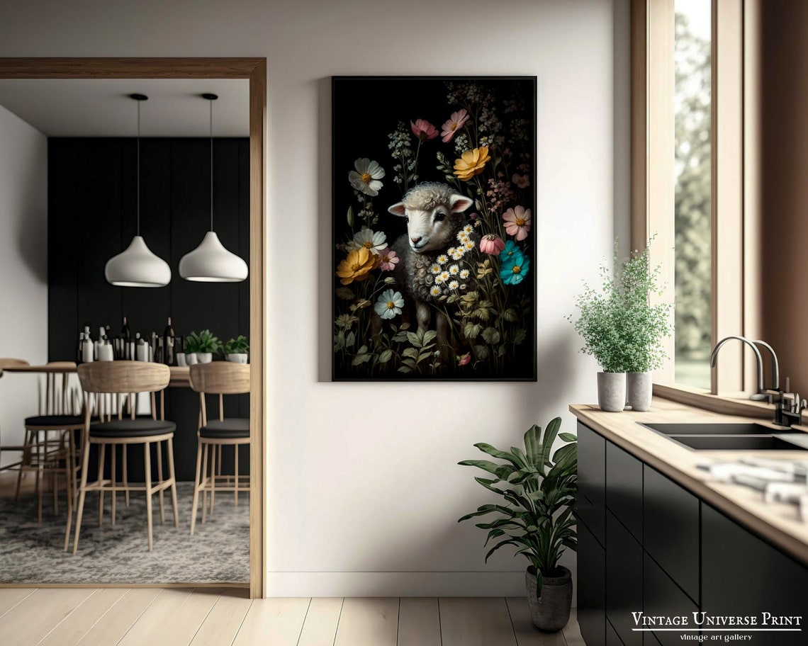 Sheep Painting Moody Antique Oil Painting Floral Sheep Print Dark Academia Decor Moody Flowers Vintage Sheep Print Wall Art - Image 2