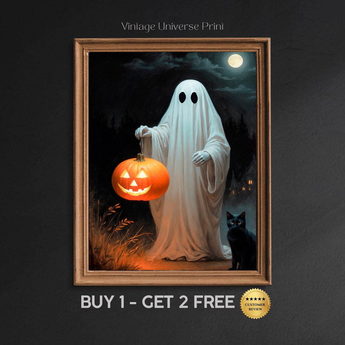 Ghost Carrying A Jack O Lantern Under A Full Moon With A Black Cat Art Print